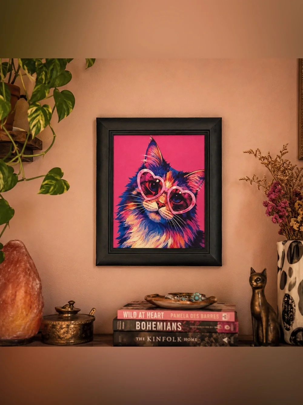Colorful Pop Art Cat Heart Sunglasses Framed Wall Art Print Pink Whimsical Decor